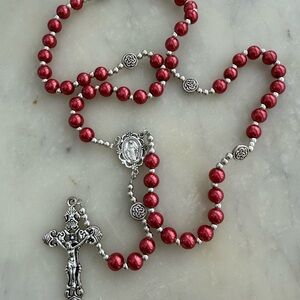 Elegant Red Beaded Rosary Necklace